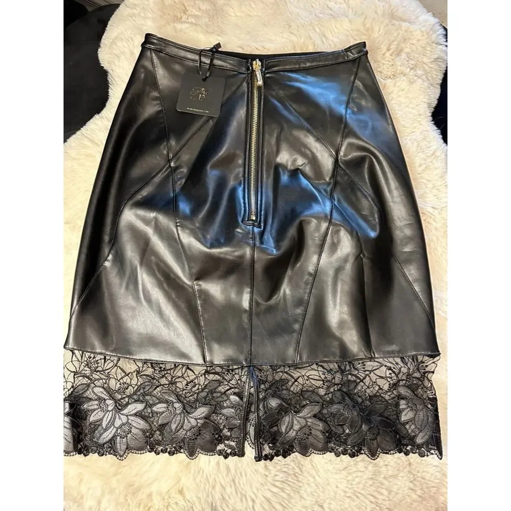 Honey Birdette RAENE🖤 Faux Leather Floral Pencil Skirt Small